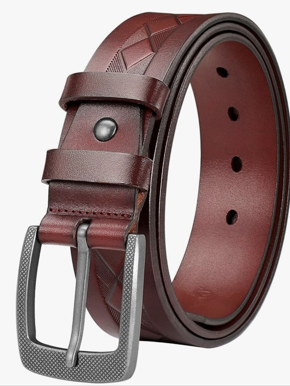 100% Italian Leather Brown Belt with Textured Metal Buckle 110cm 33"-35"